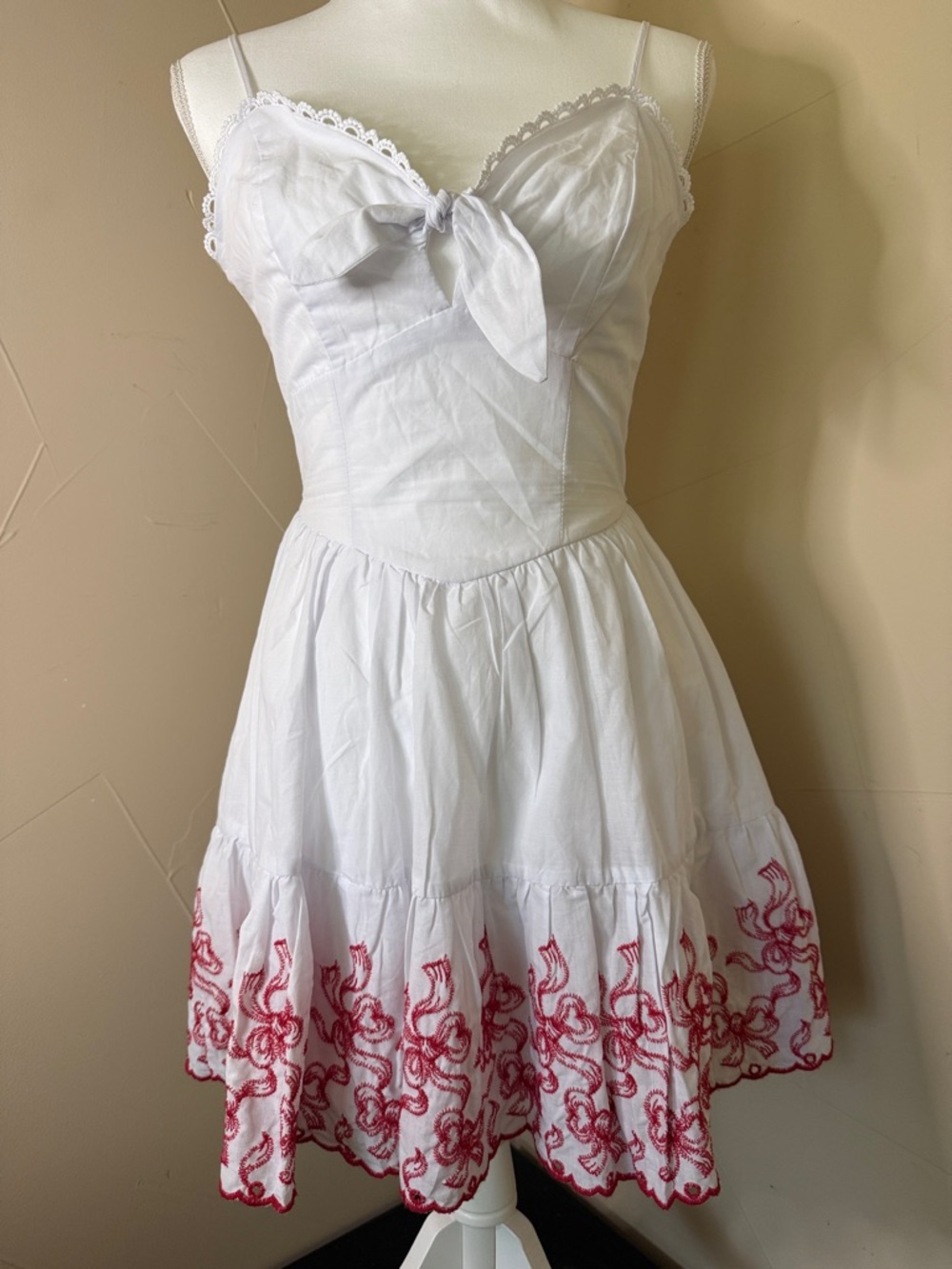 Francesca's Collections White Spaghetti-Strap Dress with Red Embroidered Hem